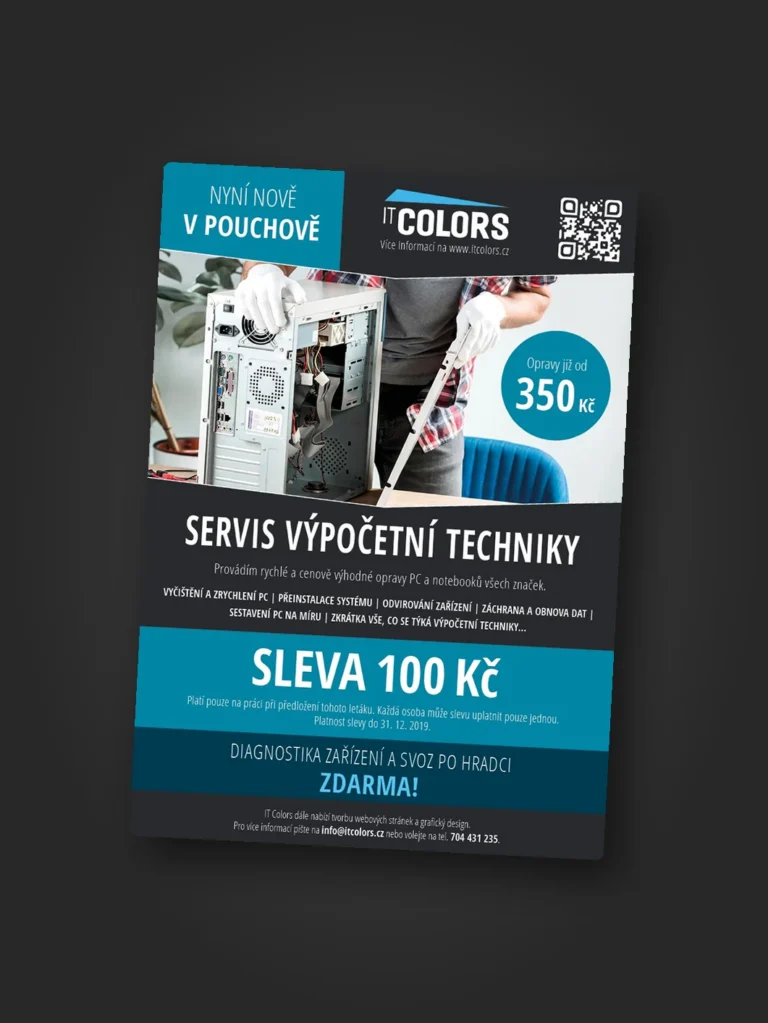 Leták IT Colors s nabídkou servisu výpočetní techniky a slevovým kuponem